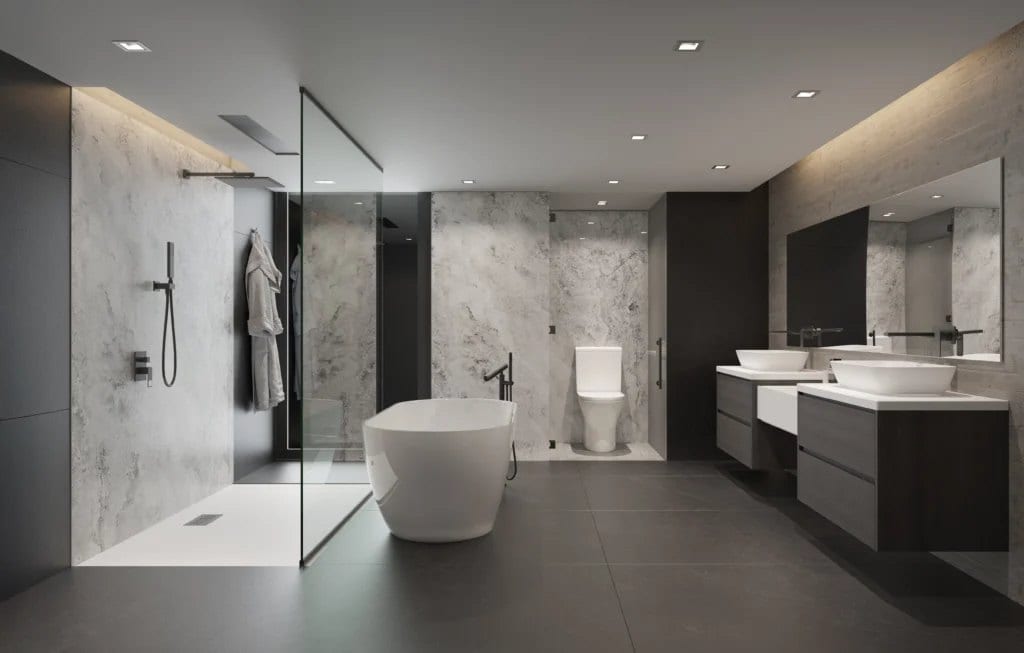 Haven Custom full modern bathroom build — a wide marble-look walk-in shower with frameless glass and designer fixtures, a freestanding soaking tub, a double-sink vanity with vessel sinks and a wide mirror, recessed lighting, and warm-gray Tundra composite wall panels tying the whole space together.
