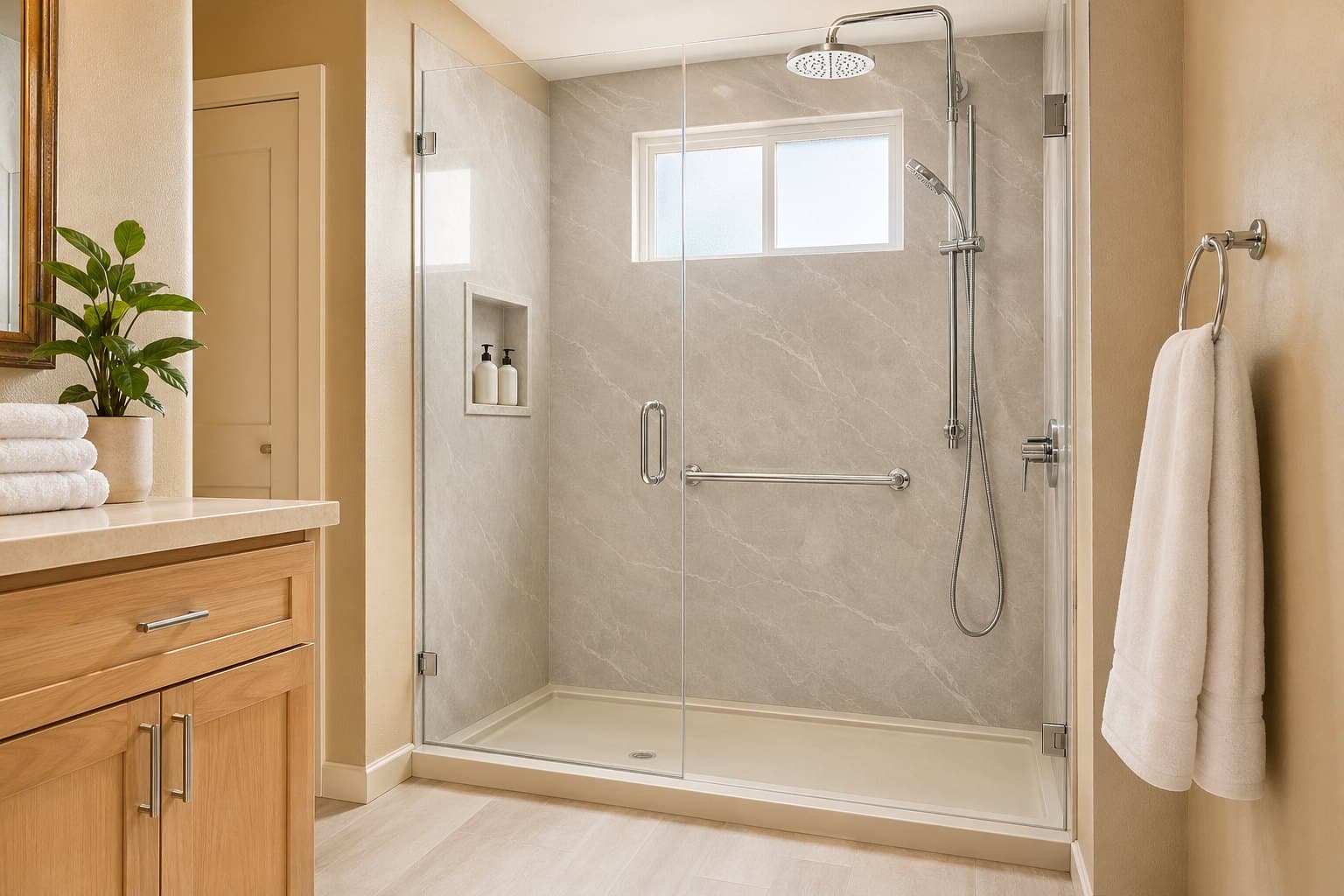 The same Arizona bathroom reimagined as a modern walk-in shower with one-piece Tundra Light Gray marble-look composite wall panels, a low-threshold pan, frameless tempered-glass door, polished chrome rain shower with handheld on a glide bar, and one horizontal chrome ADA grab bar.