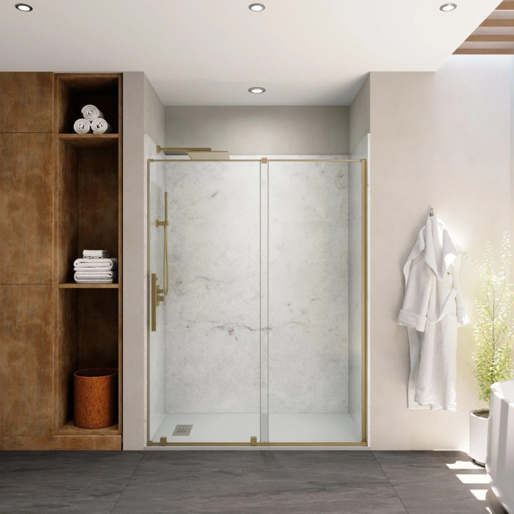 Premium walk-in shower with Cristallo white marble-look composite wall panels, frameless glass, chrome rain shower head with handheld, and a wood-finished towel storage column.