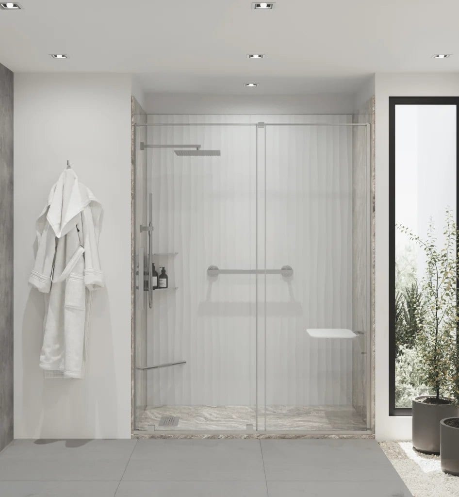 Aging-in-place walk-in shower with Fusion Gray marble-look composite wall panels, a horizontal chrome grab bar, a wall-mounted fold-down seat, and a low-threshold pan.
