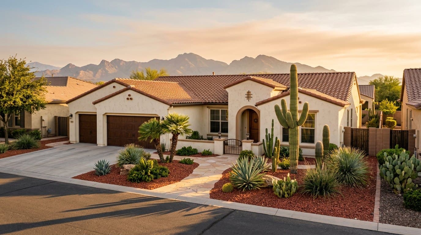 A cream-stucco single-story home with a terracotta tile roof, saguaro cactus, and palms at golden hour in a Phoenix West Valley neighborhood.